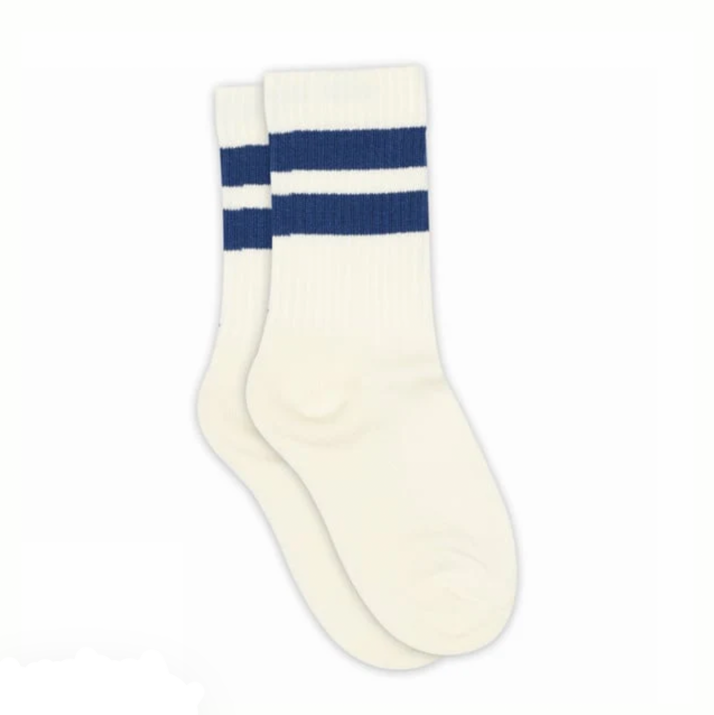 A pair of white crew socks with navy blue stripes near the top, shown on a product page with product details and price information.