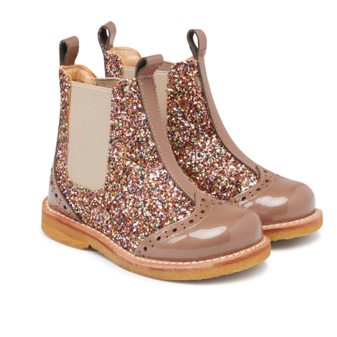 Angulus Glitter Chelsea Boot Brogue Pattern - Nougat/Multi Glitter/Beige