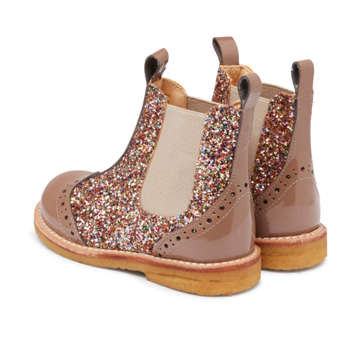 Angulus Glitter Chelsea Boot Brogue Pattern - Nougat/Multi Glitter/Beige