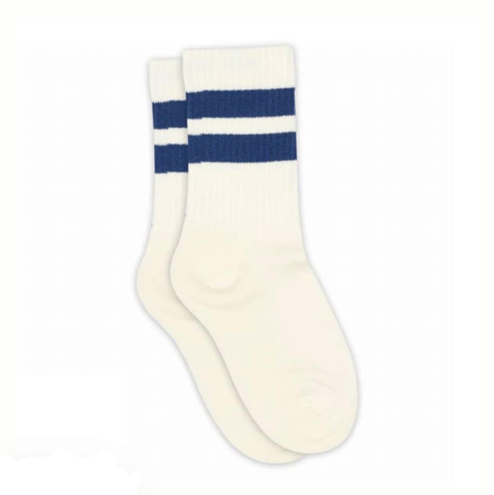 A pair of white crew socks with navy blue stripes near the top, shown on a product page with product details and price information.