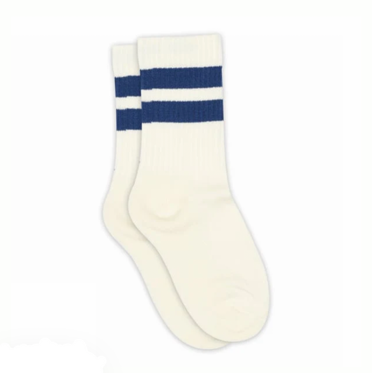 A pair of white crew socks with navy blue stripes near the top, shown on a product page with product details and price information.