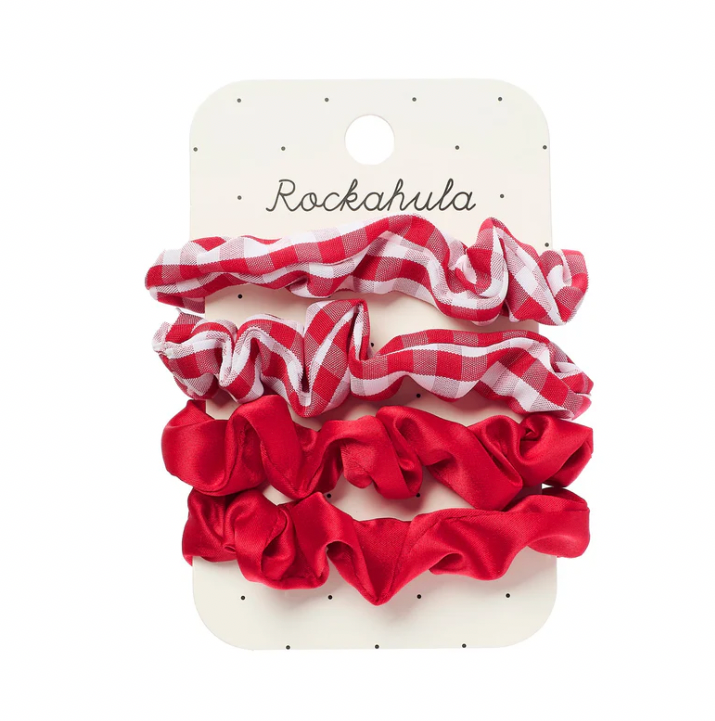 ROCKAHULA - SCHOOL - CHECK AND SATIN SCRUNCHIE RED 4PK