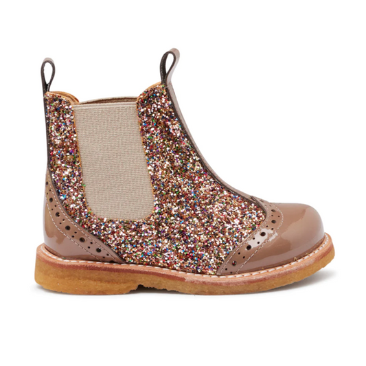 Angulus Glitter Chelsea Boot Brogue Pattern - Nougat/Multi Glitter/Beige